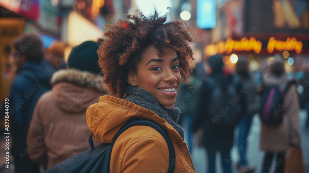 Smiling young woman looking back while walking in city Smiling young woman looking back while walking in city