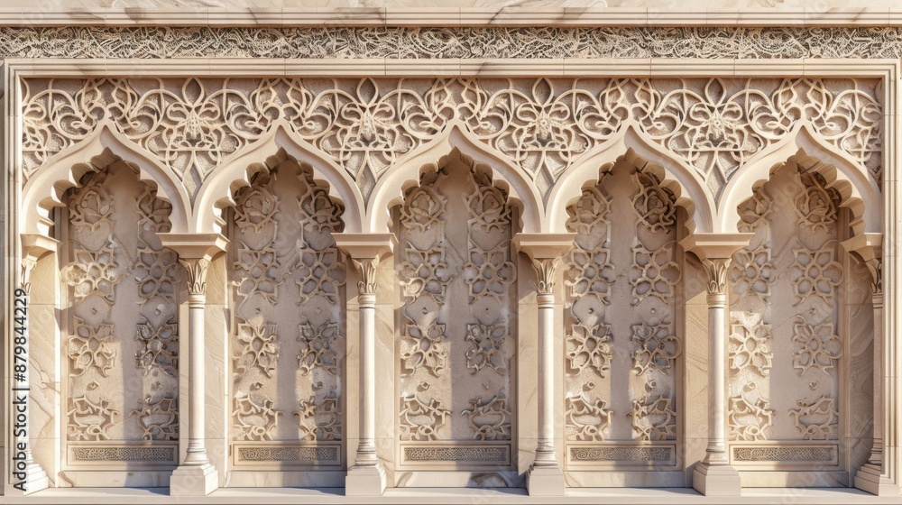 Fototapeta premium Graceful Islamic Day: Front Side View of Textured Wall with Intricate Carvings in Pastel Hues Emanating an Elegant Feel