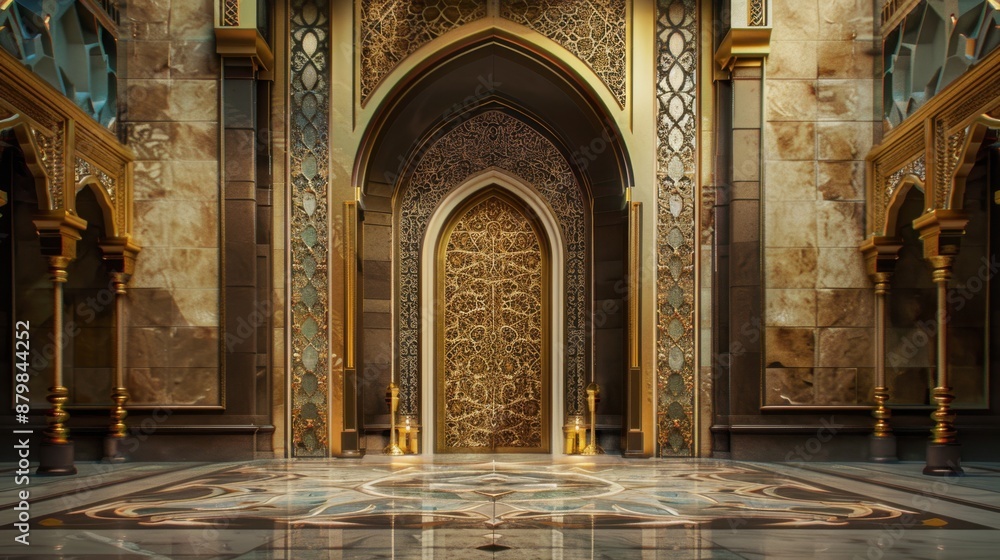 Obraz premium Majestic Islamic-inspired Textured Wall with Golden Accents Creating Rich Ambiance - Front View