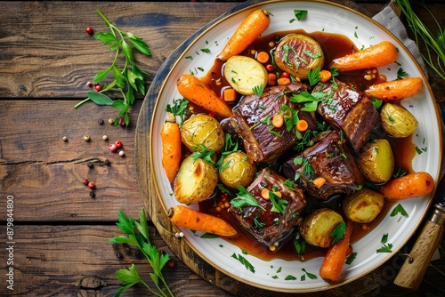 Roasted pork cheeks with vegetables and potatoes on table photo