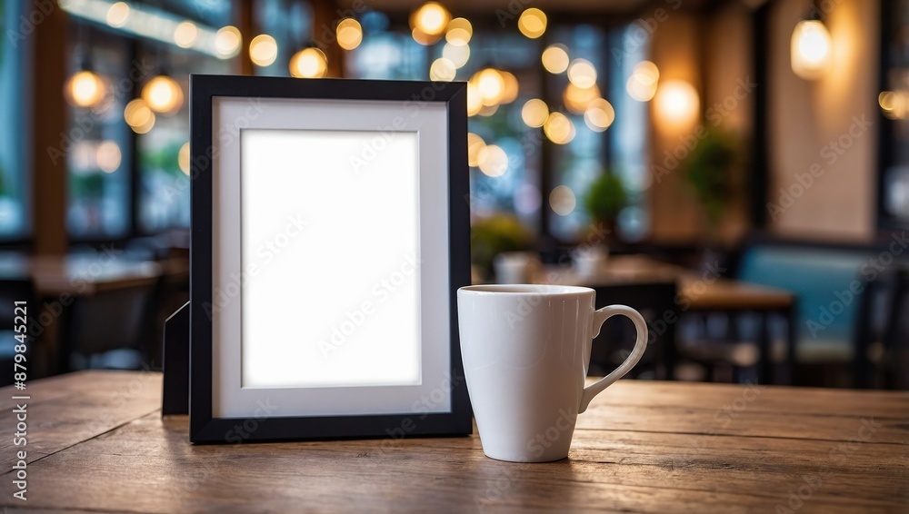 Empty white paper frame poster for mockup on wooden table with cup of coffee and blurred cafe restaurant bokeh light background Empty white paper frame poster for mockup on wooden table with cup of coffee and blurred cafe restaurant bokeh light background