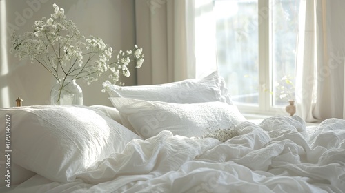 A bed with white sheets and pillows, and a vase of flowers on the nightstand. Generate AI image © Ghiska
