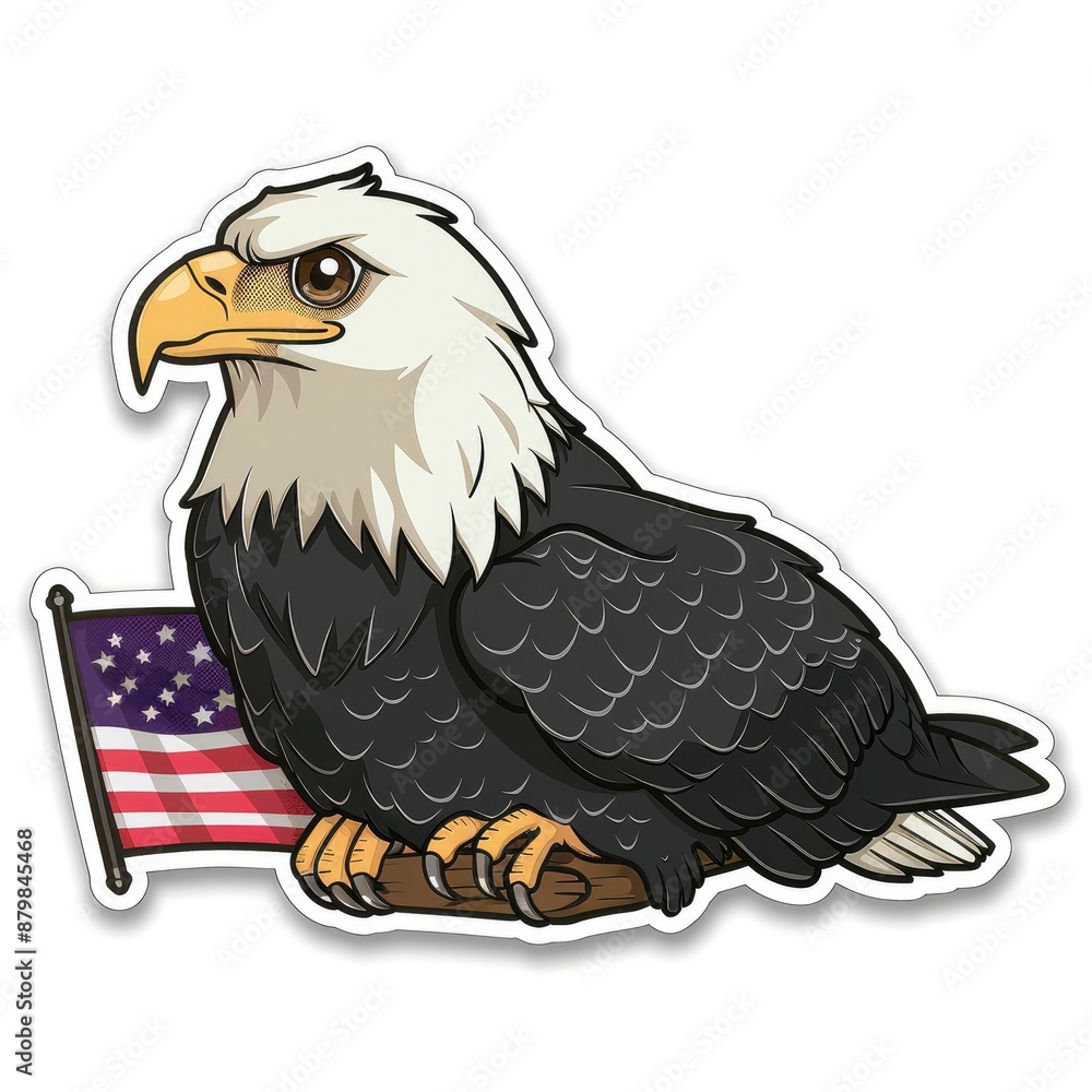 Obraz premium Sticker, eagle with a flag in the style of cartoon style on a white background. Drawn in a cutely cute style