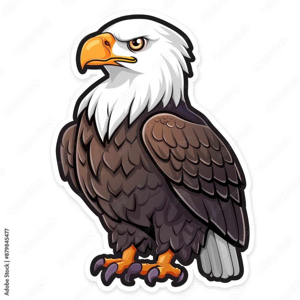 Obraz premium Sticker, eagle with a flag in the style of cartoon style on a white background. Drawn in a cutely cute style