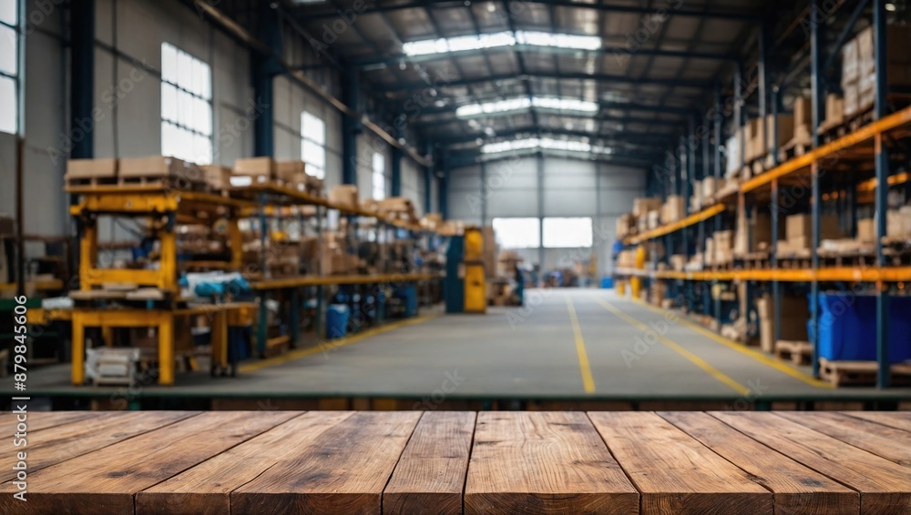 Empty wood table top with blur background of warehouse of factory. The table giving copy space for placing advertising product on the table Empty wood table top with blur background of warehouse of factory. The table giving copy space for placing advertising product on the table