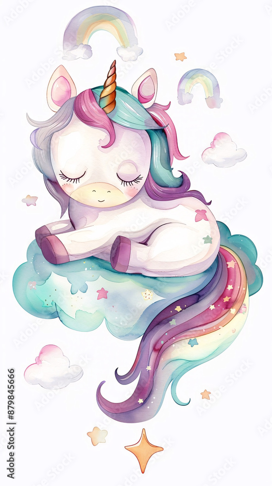 Fototapeta premium An illustration of a cute baby unicorn with a rainbow mane and tail, sleeping on a fluffy cloud surrounded by stars and rainbows in a whimsical, pastel-colored illustration