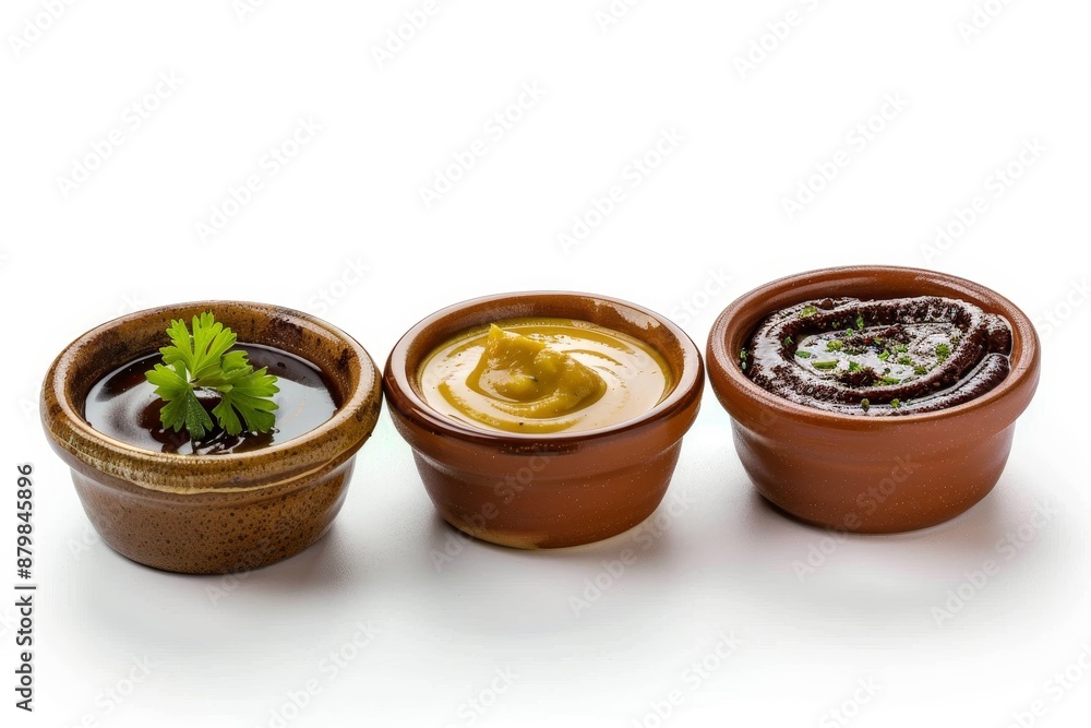 Sauces in brown bowls on white background Sauces in brown bowls on white background