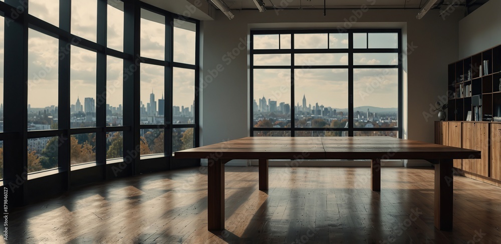Empty Wooden table in light office with panoramic windows Empty Wooden table in light office with panoramic windows