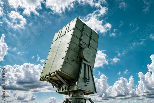 Modern air defence radar of military mobile missile launcher system of green color at blue cloudy sky background. Air defense installation outdoors. Concept of modern army industry. Copy ad text space photo