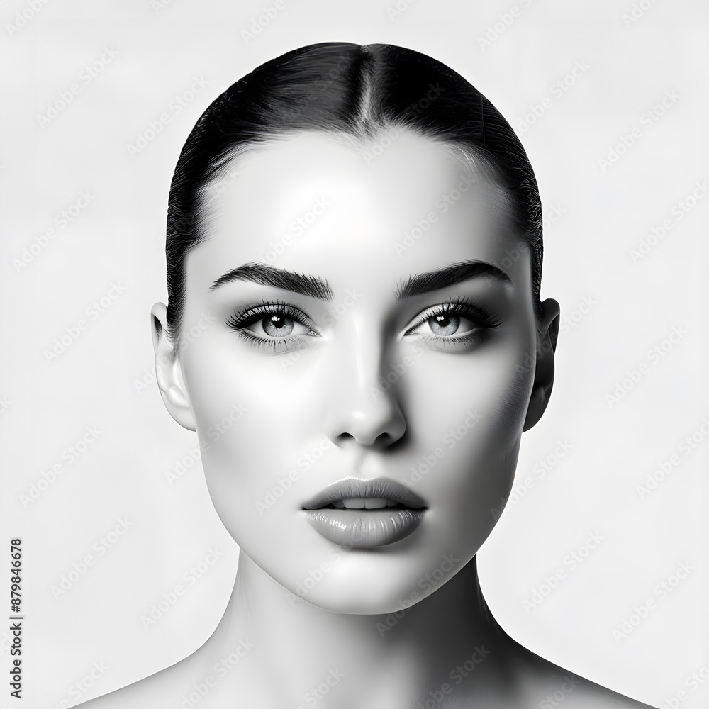 Fototapeta premium A close-up studio portrait of a brunette model with natural makeup, showcasing clean, glowing skin and bright eyes, black and white style photo