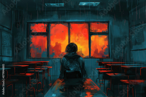 an illustration of a person alone in the dark at classroom