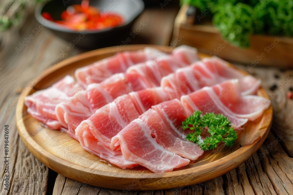 Sliced raw pork loin for shabu on wooden plate Sliced raw pork loin for shabu on wooden plate