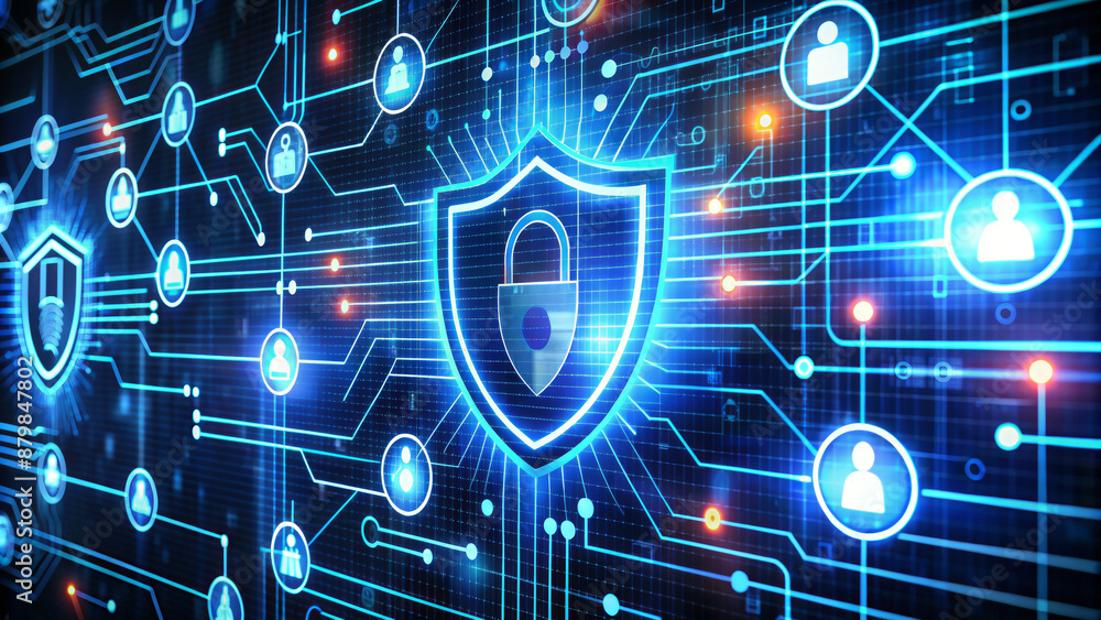 A stylized representation of a cybersecurity network, with the shield symbol commonly associated with security in the center, surrounded by various digital elements A stylized representation of a cybersecurity network, with the shield symbol commonly associated with security in the center, surrounded by various digital elements
