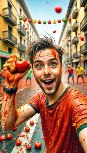 La Tomatina Festival Excited Happy Man Holding Tomato On The Festive  Street With Crowd of People Throwing Tomatoes In Background photo