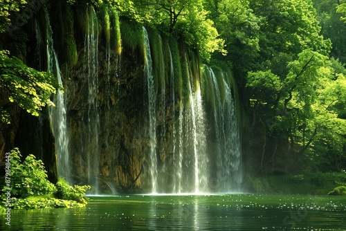 Lush Green Waterfall Cascade in a Tranquil Forest