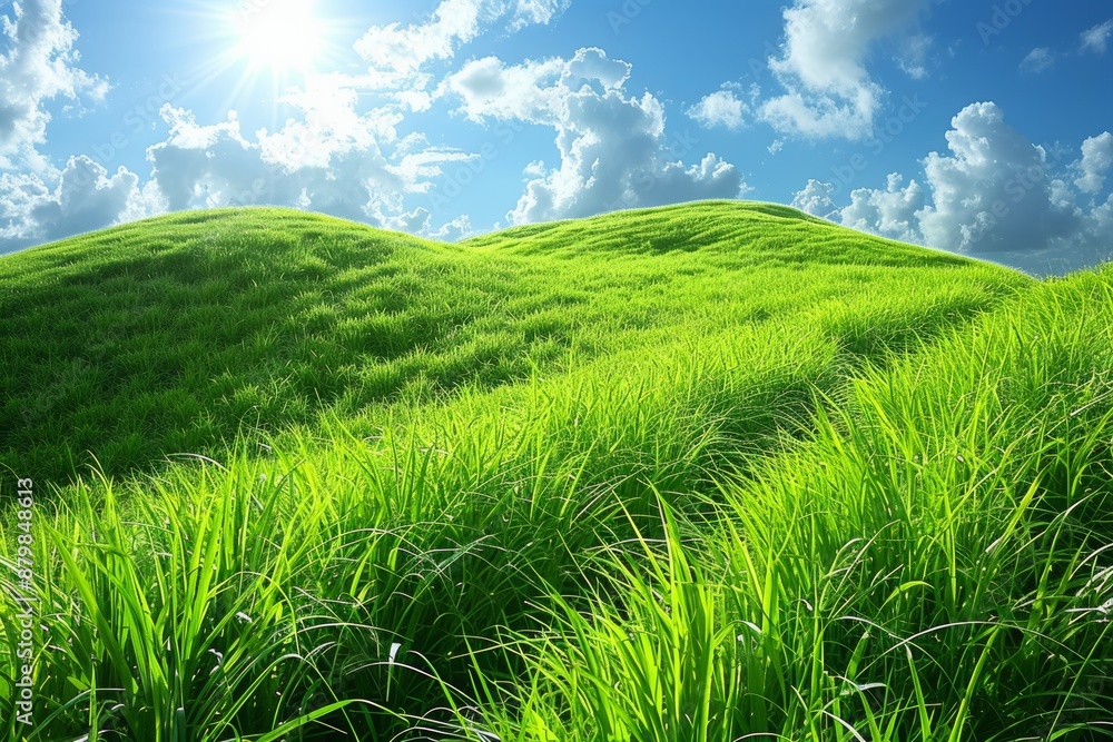Lush Green Grassy Hills Under a Sunny Summer Sky Lush Green Grassy Hills Under a Sunny Summer Sky