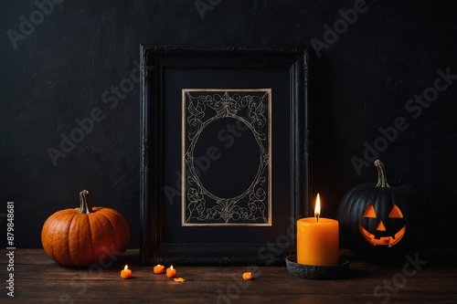 Halloween frame mockup, Black verical frame on the black wall with candles and pumpkins photo