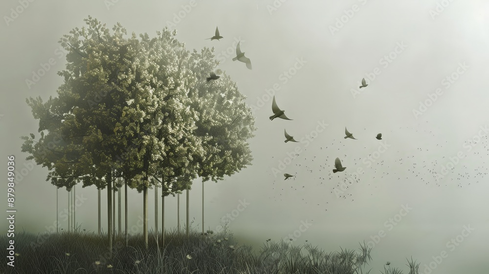 Obraz premium A group of birds fly through a misty forest, leaving a single tree behind. The image evokes feelings of peace and tranquility.