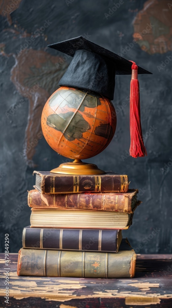Graduation Cap on Globe and Stack of Books. Stock Illustration | Adobe ...