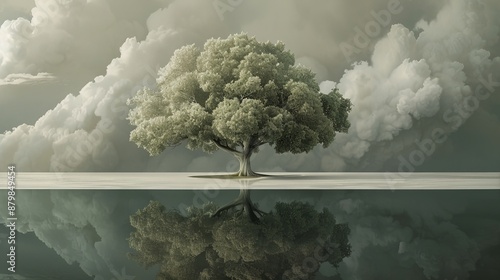 A lone tree stands tall amidst a surreal landscape, its reflection mirrored in a tranquil body of water beneath a dramatic sky.