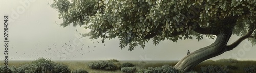 A lone tree with twisting branches stands in a misty field.