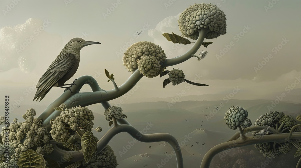Fototapeta premium A solitary bird perches on a branch of a strange, bulbous tree, overlooking a vast, surreal landscape.