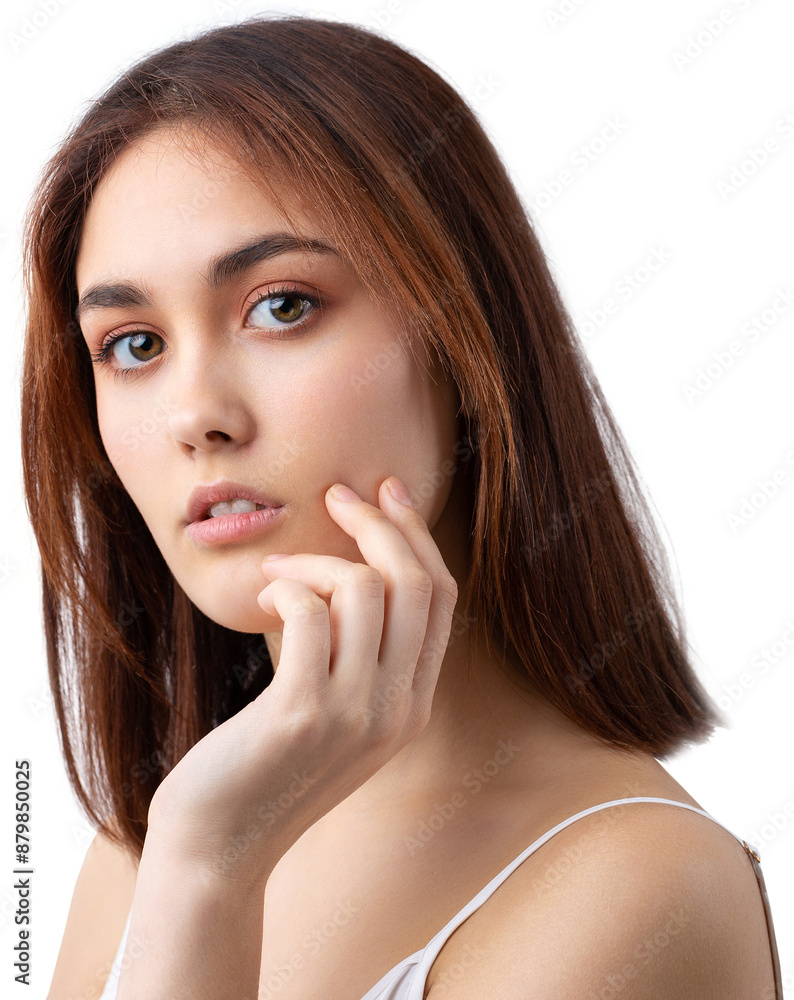 Beautiful smiling woman with clean skin, natural make-up and white teeth on a gray background Beautiful smiling woman with clean skin, natural make-up and white teeth on a gray background