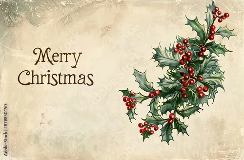 Merry Christmas vintage sign with holly and berries