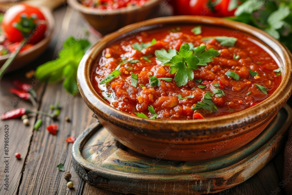 Spicy Maghribi dish with harissa sauce on wood background influenced by Tunisia and Arabic cuisine Spicy Maghribi dish with harissa sauce on wood background influenced by Tunisia and Arabic cuisine
