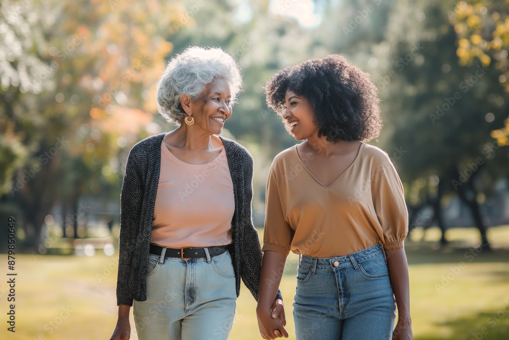Elderly African American woman and young woman walking in the park during a sunny day, smiling and holding hands. Concept of family bonding, nature, and joy