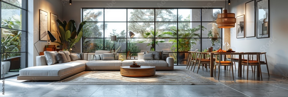 Modern living room with large windows, green plants, cozy sofa, and wooden furniture, perfect for interior design inspiration. Modern living room with large windows, green plants, cozy sofa, and wooden furniture, perfect for interior design inspiration.
