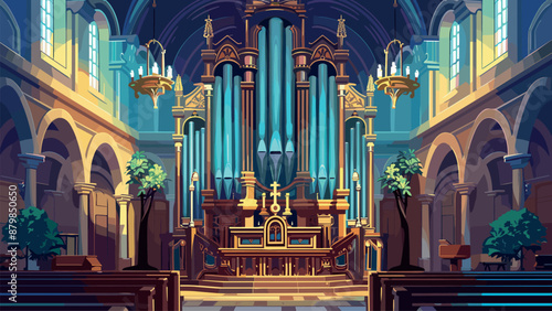 Cathedral Organ Cartoon Game Level Illustration Church Music Instrument Religious Architecture Worship Sacred Building Interior Illustration Pipe Organ Keyboard Worship Service