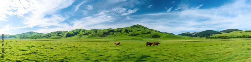 Obraz premium New Zealand Farm: High-Resolution Panoramic Landscape of Northern Island with Green Hills and Grazing Cows