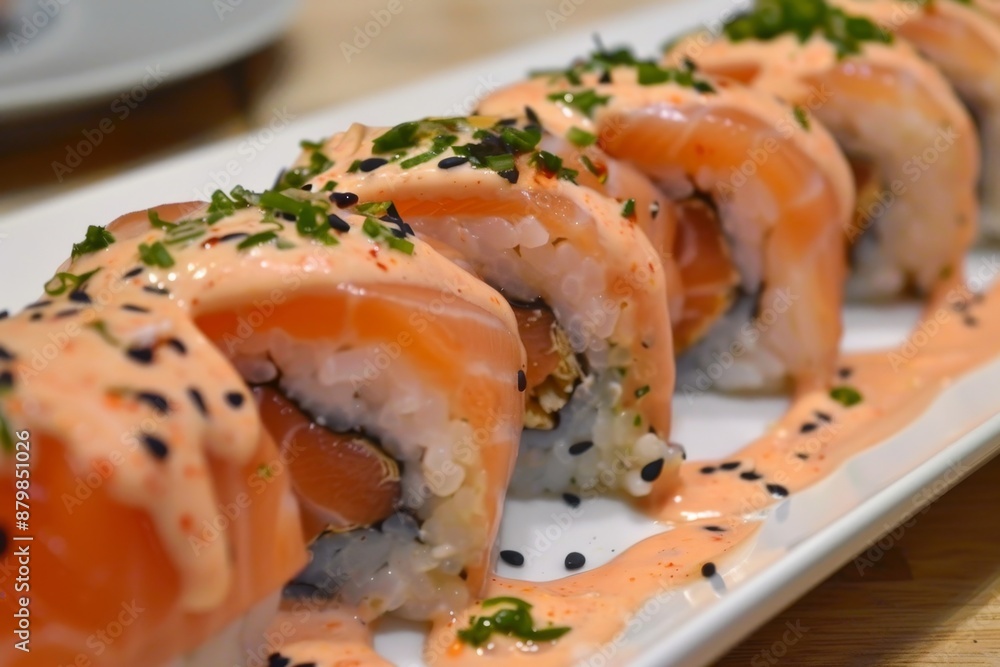 Spicy sriracha kewpie mayonnaise on Japanese salmon sushi Spicy sriracha kewpie mayonnaise on Japanese salmon sushi