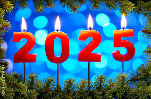Festive background Happy New Year 2025, bokeh. The numbers 2025 from red burning candles on a blue festive background, around a frame of fir or pine branches. Concept for Christmas and New Year.