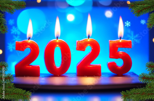 Festive background Happy New Year 2025, bokeh. The numbers 2025 from red burning candles on a blue festive background, around a frame of fir or pine branches. Concept for Christmas and New Year.