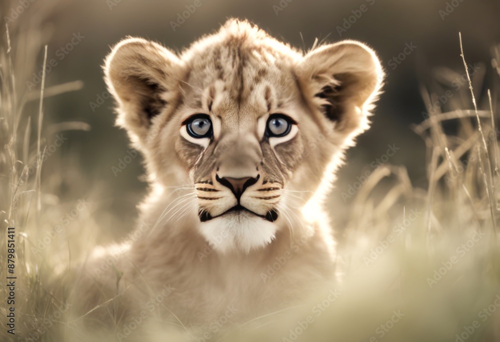 Obraz premium the looking ai lion bear white baby fur carnivore eyes grass snout felidae cub mammal camera wildlife animal zoo cat open sitting field background generative