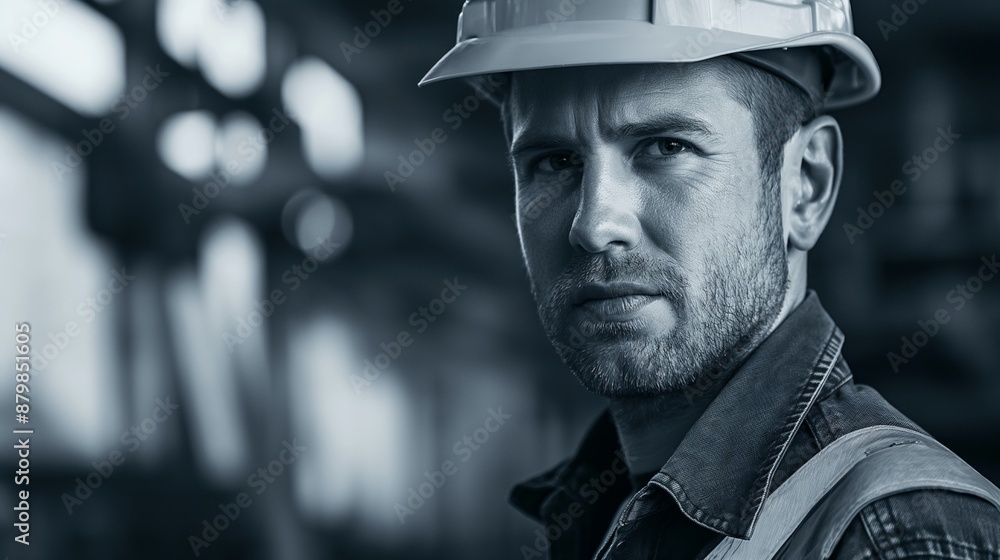 Male builder in a helmet with tools at work, photo of man constructor for Labor Day Male builder in a helmet with tools at work, photo of man constructor for Labor Day