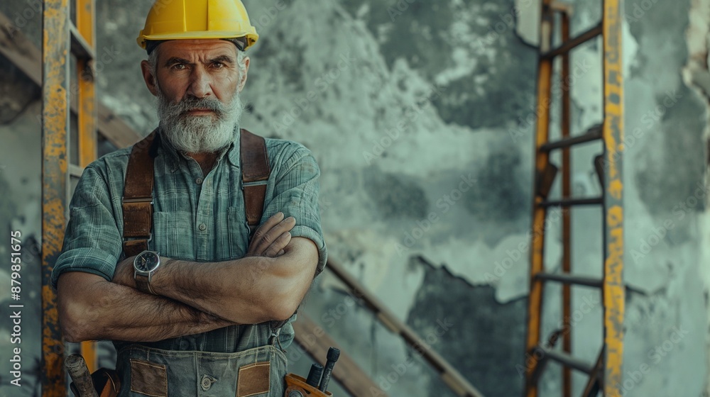 Male builder in a helmet with tools at work, photo of man constructor for Labor Day Male builder in a helmet with tools at work, photo of man constructor for Labor Day