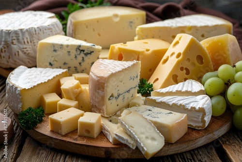 Assortment of cheese on wooden table, closeup. Dairy products. Cheese Selection. Large assortment of international cheese specialities. photo