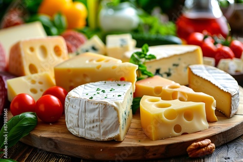 Assortment of cheese on wooden table, closeup. Dairy products. Cheese Selection. Large assortment of international cheese specialities. photo