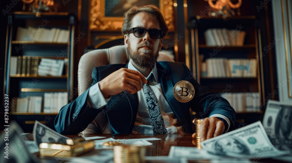 Successful businessman with bitcoin symbol and stacks of money Successful businessman with bitcoin symbol and stacks of money
