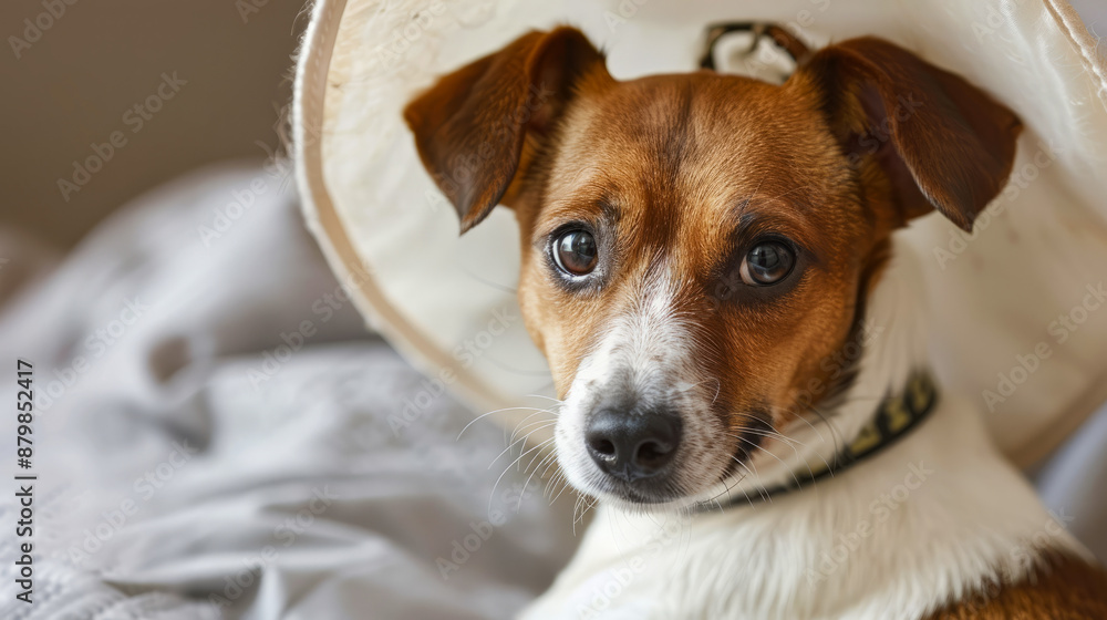 Cute Jack Russell Terrier with Protective Cone Resting on Bed - Close-Up Portrait of Dog Recovering After Surgery Cute Jack Russell Terrier with Protective Cone Resting on Bed - Close-Up Portrait of Dog Recovering After Surgery