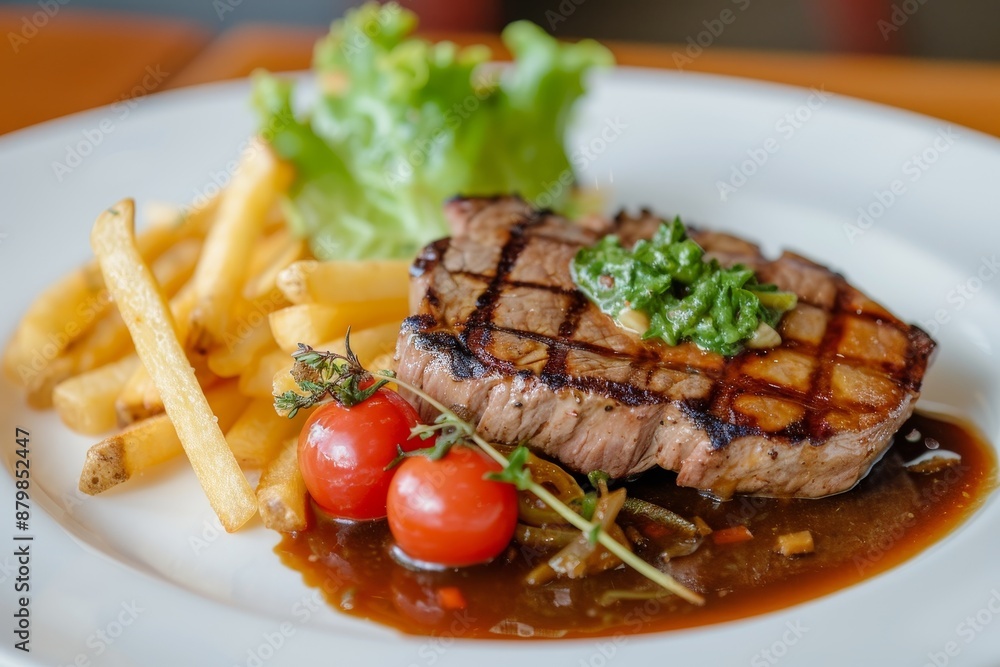 Steak with fries tomatoes greens on white plate brown sauce under steak Steak with fries tomatoes greens on white plate brown sauce under steak