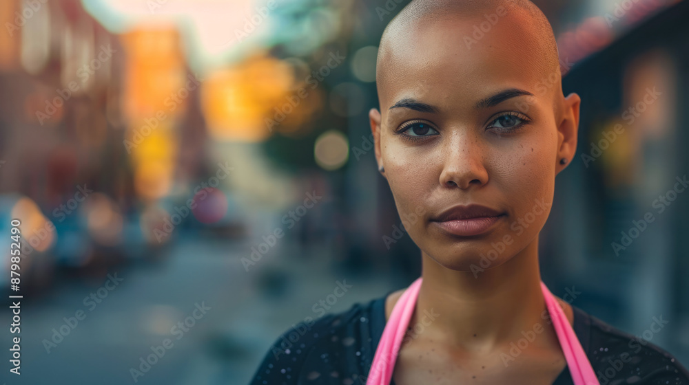 Portrait of a confident bald woman in urban setting during sunset, symbolizing strength and resilience, with a soft bokeh background Portrait of a confident bald woman in urban setting during sunset, symbolizing strength and resilience, with a soft bokeh background