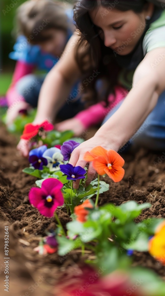 Fototapeta premium Woman planting colorful flowers in a garden.