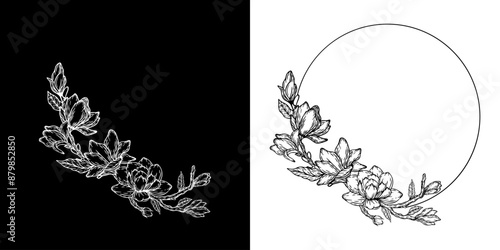 Luxury botanical wedding frame elements. Set of rounded shapes, magnolia flowers, magnolia leaves and branches. Elegant foliage design for wedding, cards, invitations, congratulations
