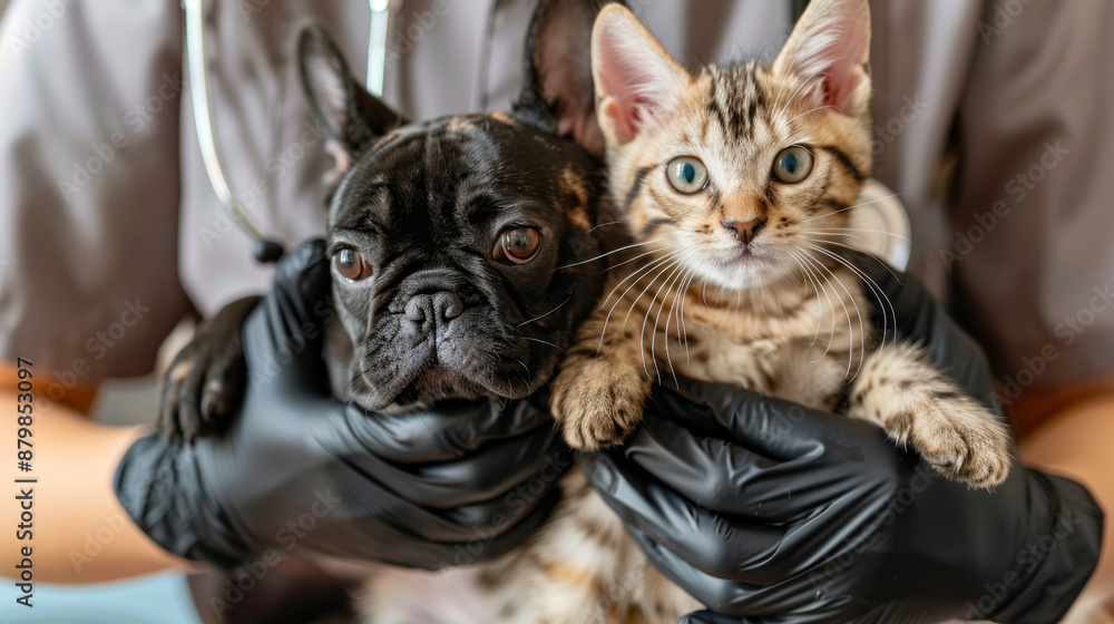 Cute French Bulldog Puppy and Bengal Kitten Together at the Vet Clinic Cute French Bulldog Puppy and Bengal Kitten Together at the Vet Clinic