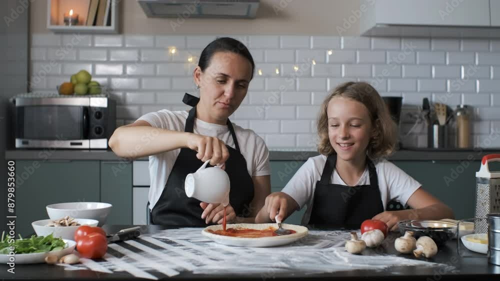 Young cheerful mother and her daughter, both in black aprons, prepare pizza in the kitchen by spreading tomato sauce on the crust with a spoon. Family lifestyle concept Young cheerful mother and her daughter, both in black aprons, prepare pizza in the kitchen by spreading tomato sauce on the crust with a spoon. Family lifestyle concept