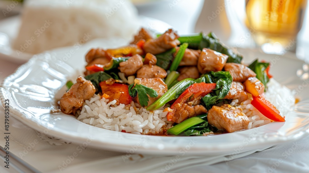 cuisine from Thailand, Crispy pork and rice with stir-fried greens, a focused dish. Lovely Thai cuisine, close-up of Kana Moo Krob cuisine from Thailand, Crispy pork and rice with stir-fried greens, a focused dish. Lovely Thai cuisine, close-up of Kana Moo Krob